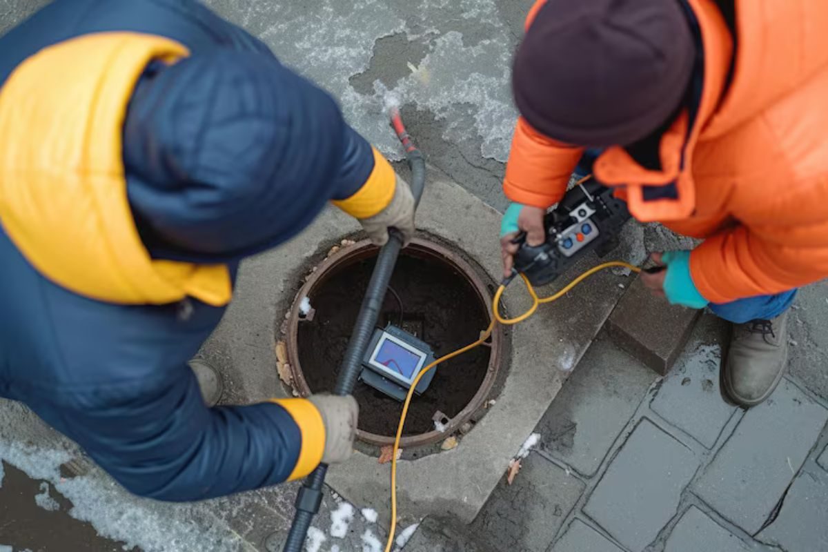 Plumber using camera inspection equipment on a drain line