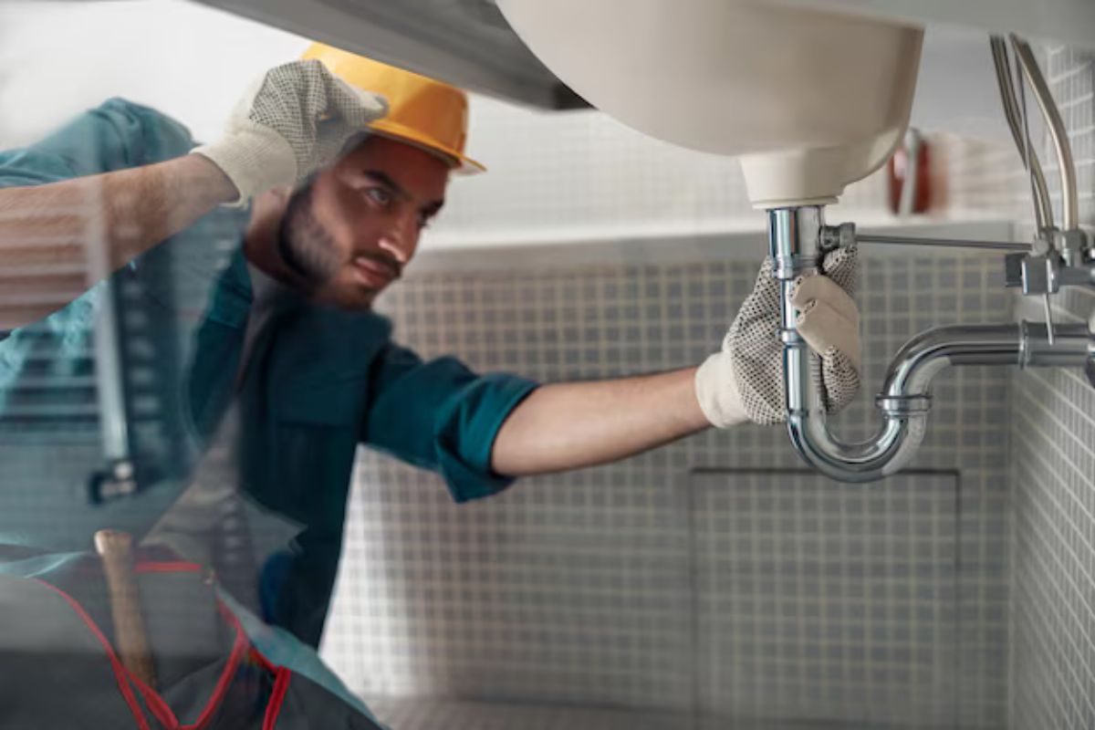 Plumber repairing a bathroom fixture
